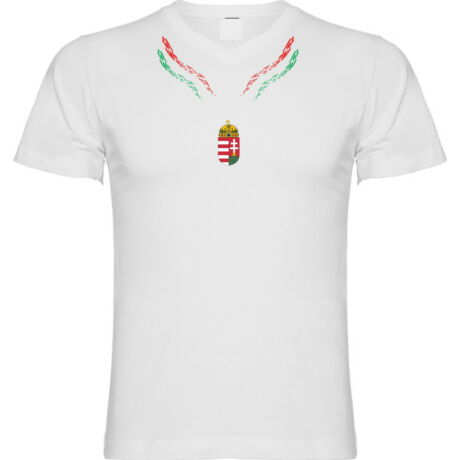Magyar póló V nyakas szimmetrikus mintával, fehér
